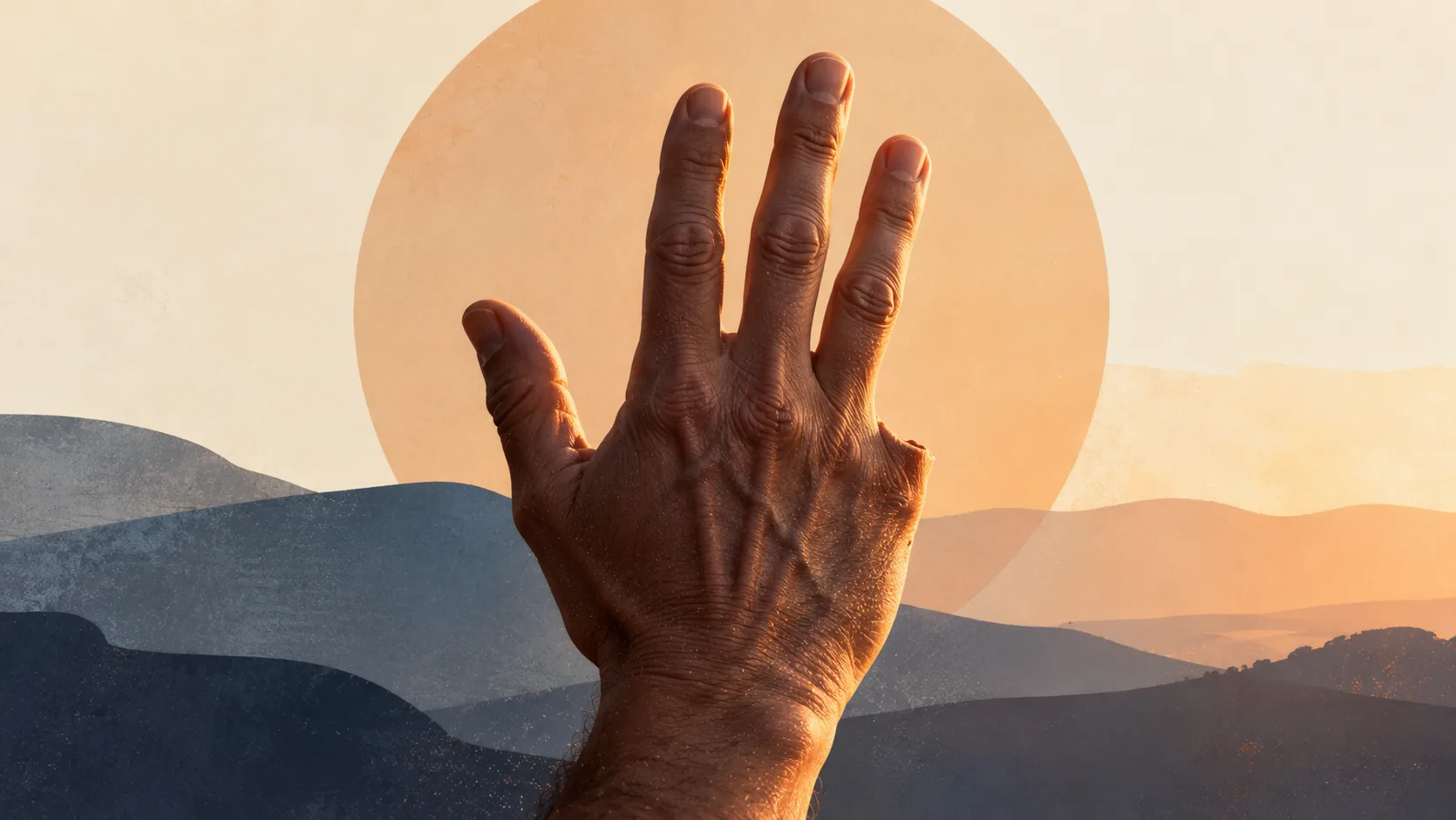 Mão humana sem o dedo mínimo diante de uma paisagem abstrata, em uma ilustração editorial sobre deficiência e capacitismo.