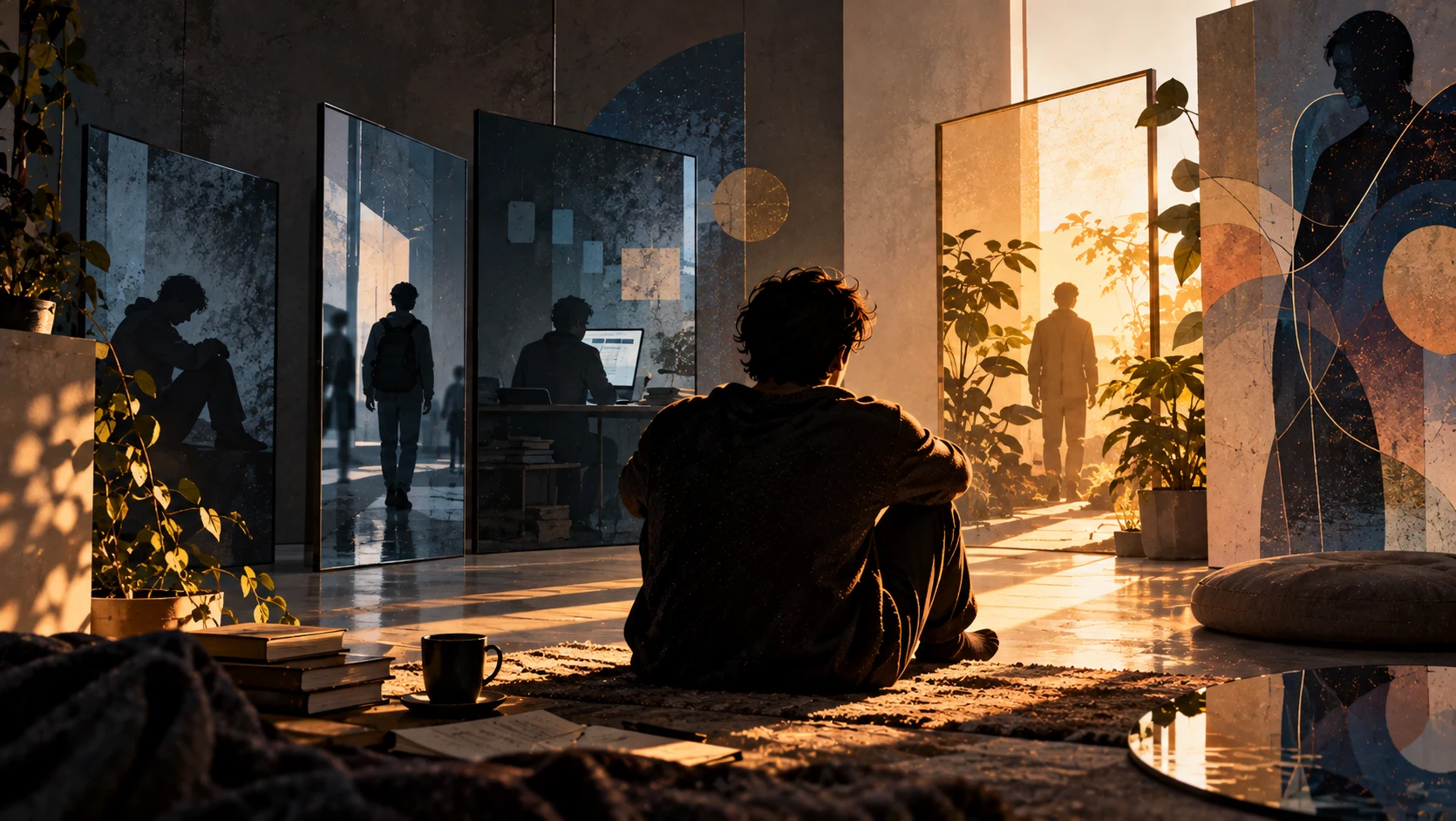 Pessoa adulta sentada de costas num tapete, diante de painéis que mostram diferentes momentos da vida, entre livros, plantas e uma passagem iluminada pelo sol.
