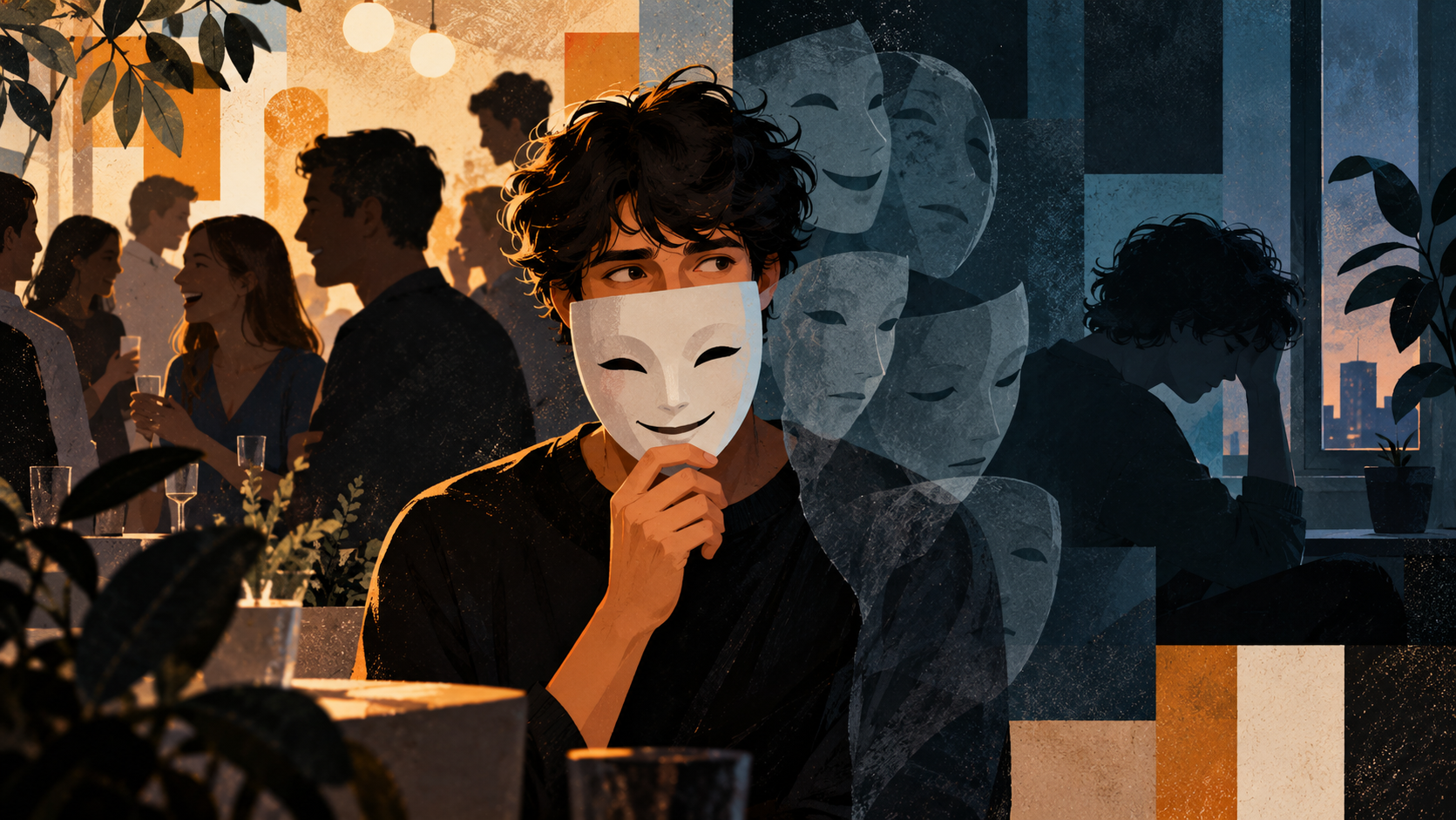 Jovem adulto segura uma máscara sorridente diante do rosto numa festa, enquanto máscaras translúcidas e uma figura exausta junto à janela aparecem à direita.