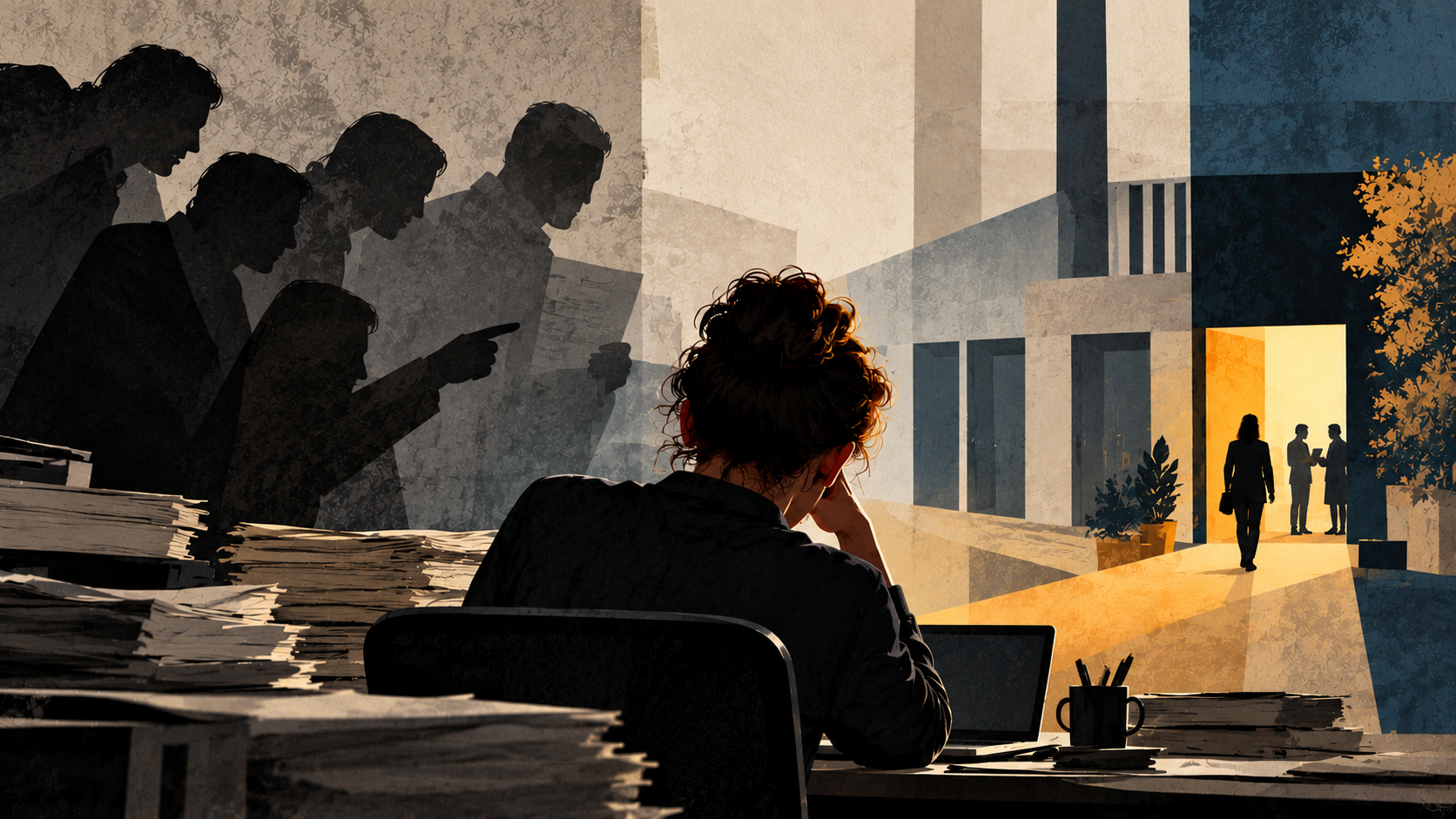 Pessoa adulta diante de um ambiente de trabalho burocrático, com figuras em sombra e uma porta iluminada ao fundo, representando pressão profissional e busca por ajuda institucional.