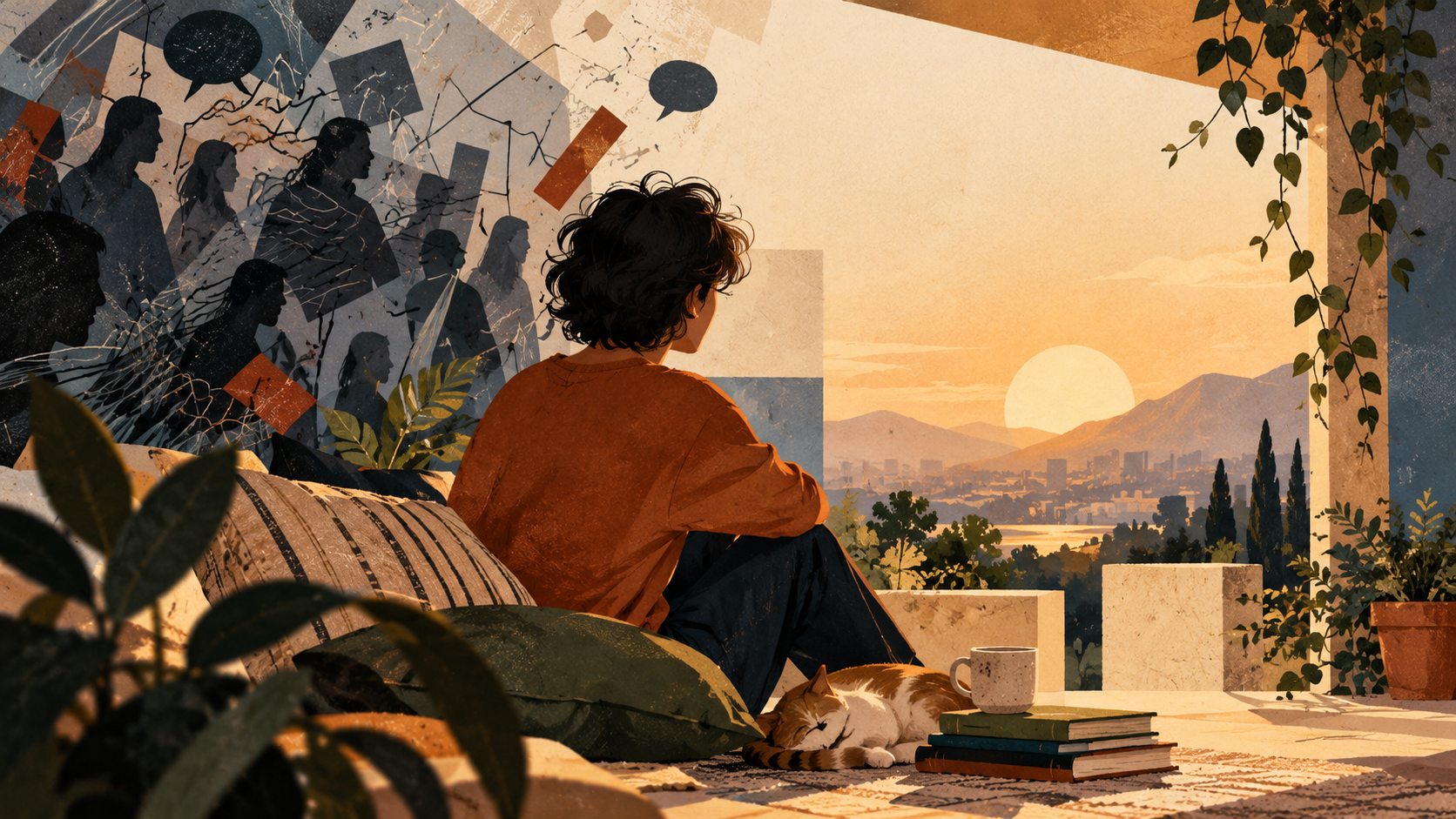 Pessoa adulta de costas, sentada em almofadas numa varanda ao pôr do sol, com um gato, livros e uma xícara, enquanto silhuetas e balões de fala se dissolvem ao fundo.
