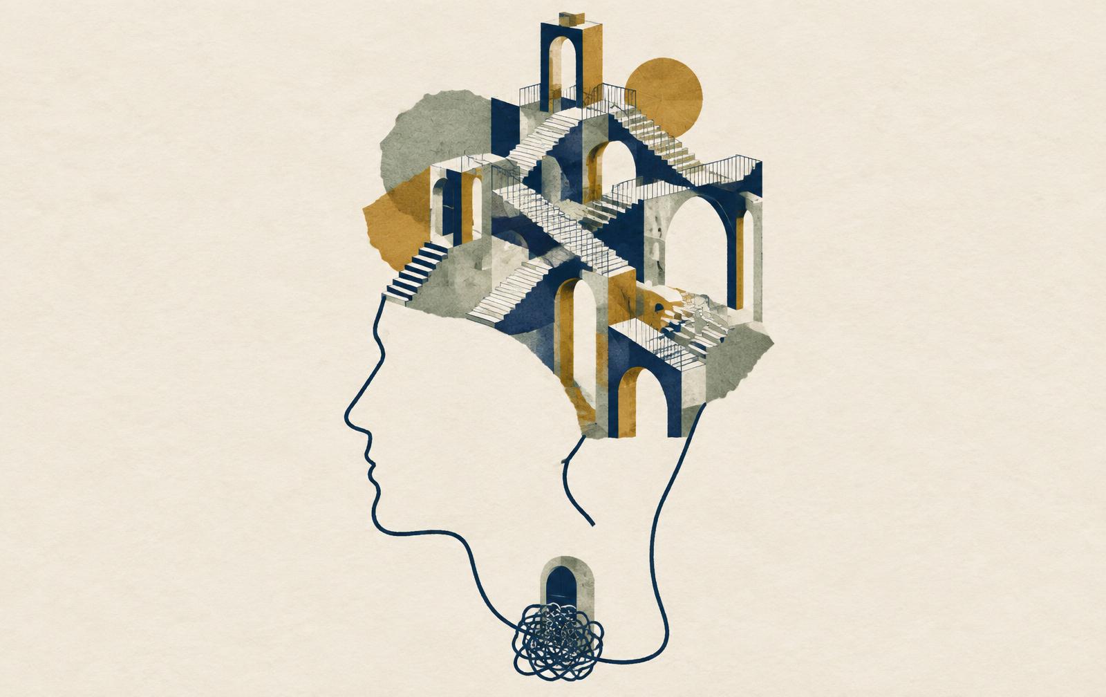Ilustração: contorno de uma cabeça de perfil com uma arquitetura complexa de escadas no topo e um pequeno portal bloqueado por um nó de linhas na base.