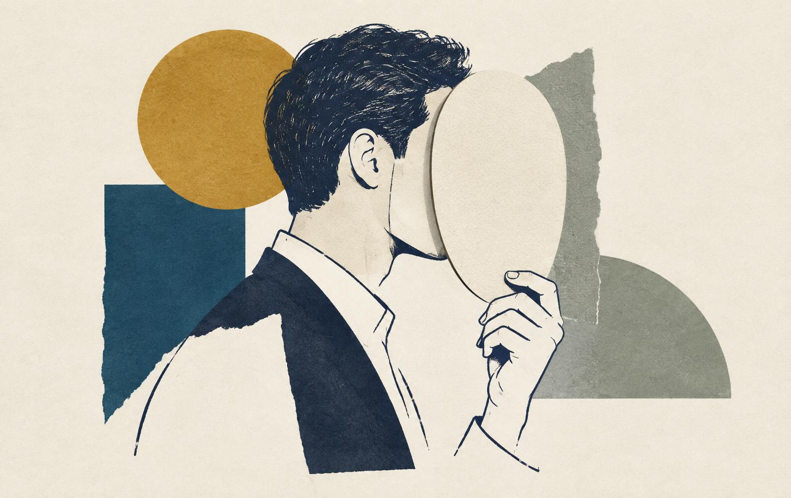 Ilustração: homem de perfil segura uma máscara oval em branco diante do rosto, entre formas geométricas ocre, azul e cinza.