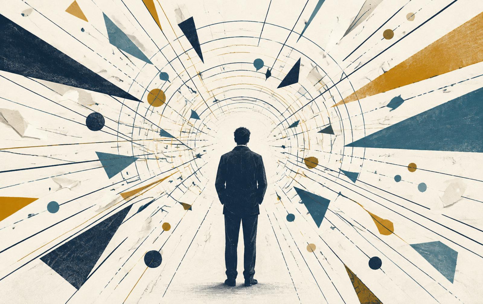 Ilustração: silhueta de um homem de costas, parado, enquanto linhas e fragmentos geométricos convergem em sua direção.
