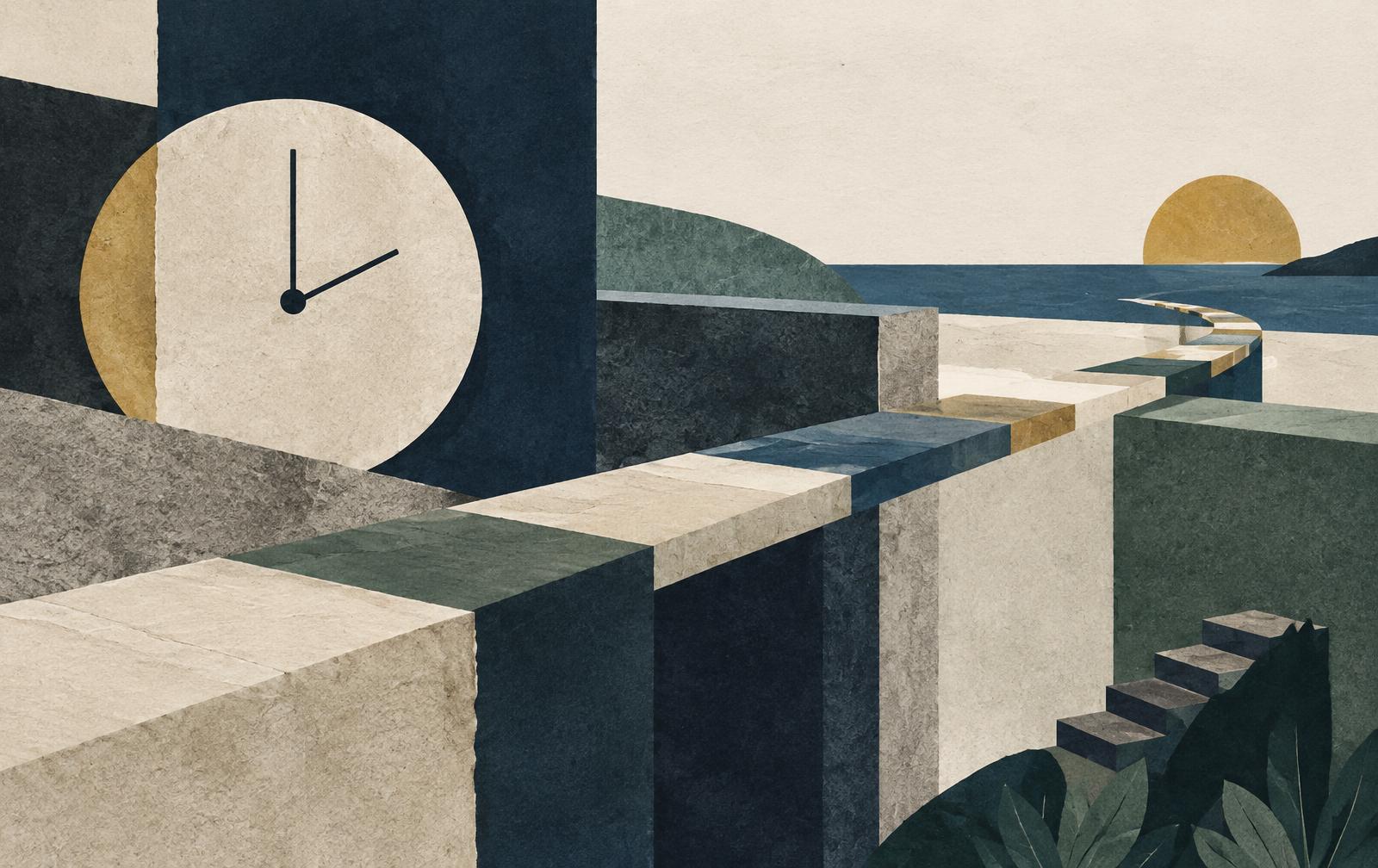 Linha do tempo atravessa plataformas em diferentes alturas em direção ao horizonte, ao lado de um relógio abstrato