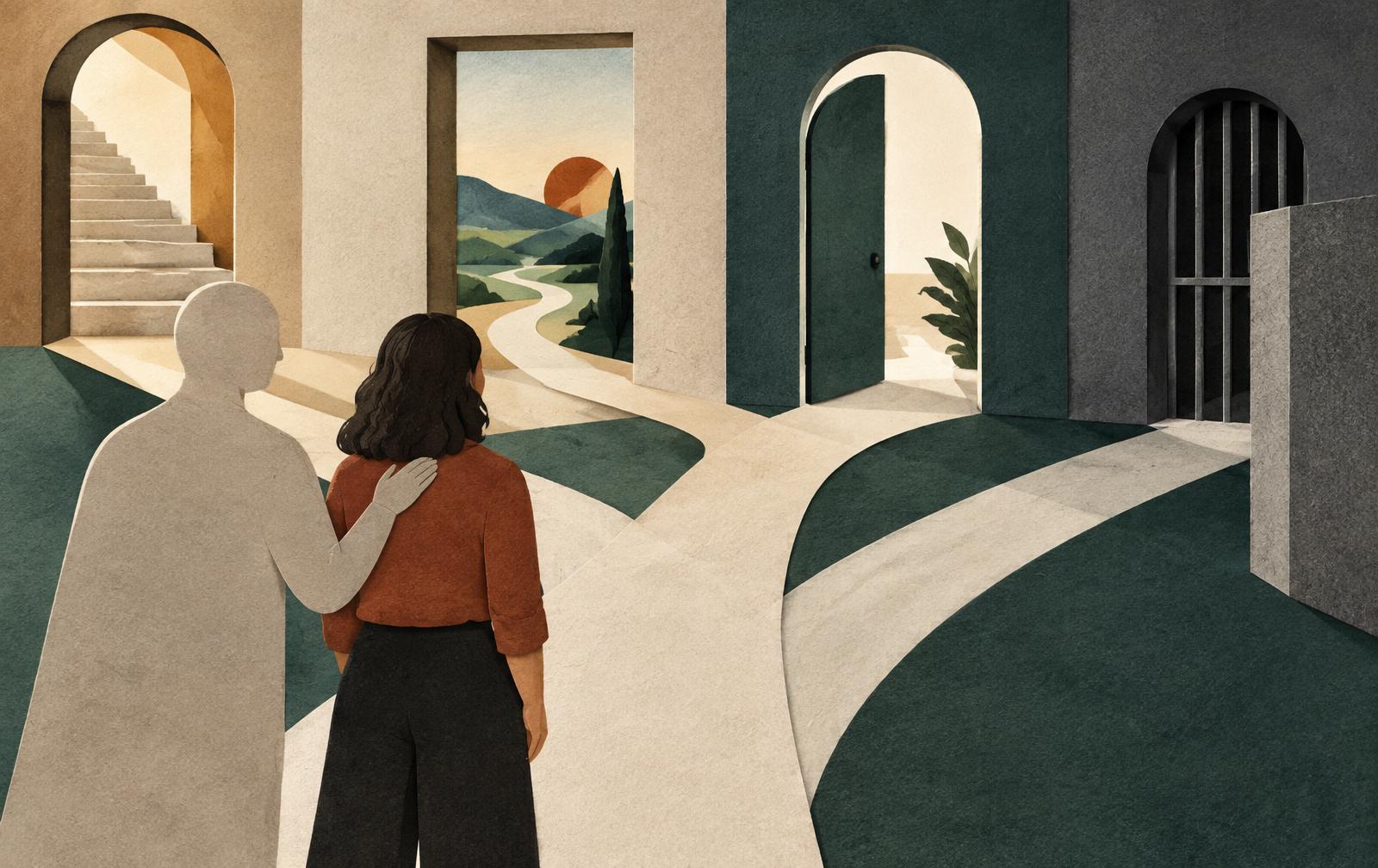 Pessoa adulta escolhe entre caminhos e portas, acompanhada por uma figura de apoio, em colagem editorial