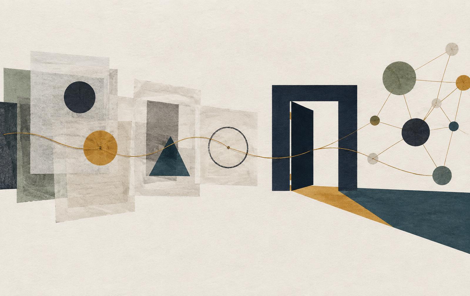 Papéis translúcidos ligados por um fio a uma porta aberta e a uma rede de formas geométricas
