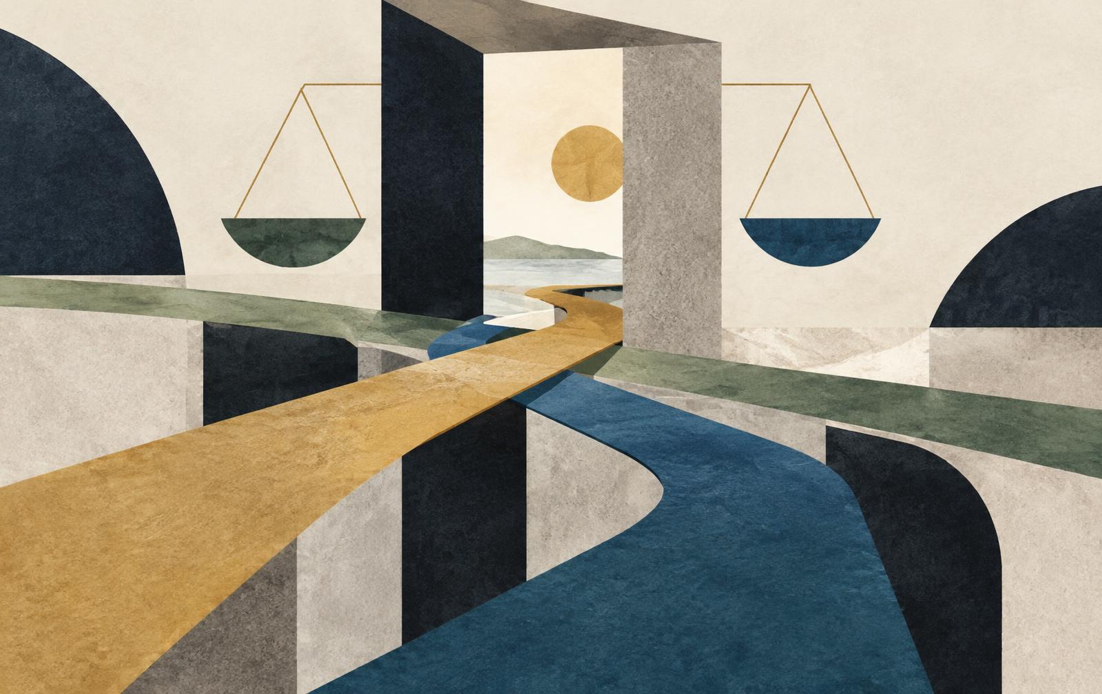 Caminhos geométricos atravessam um portal entre formas equilibradas, em colagem editorial abstrata
