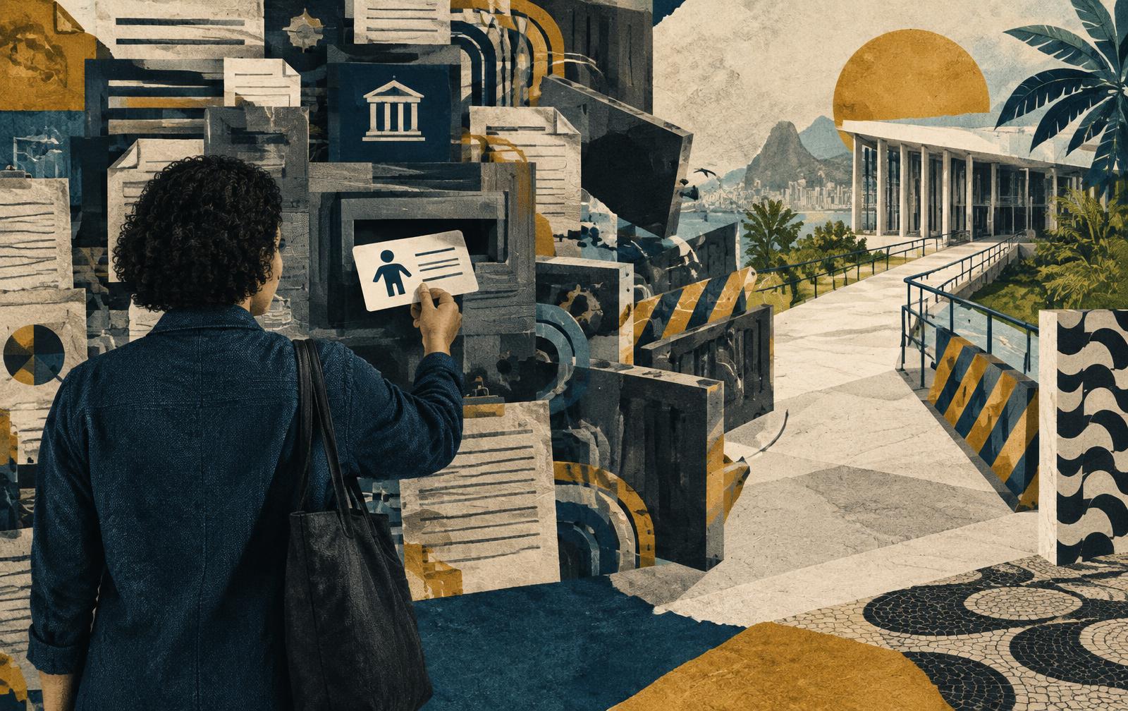 Pessoa adulta apresenta um cartão a uma estrutura burocrática enquanto um caminho acessível se abre ao lado.