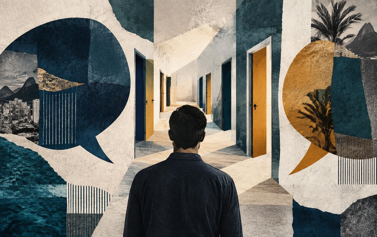 Pessoa adulta diante de um corredor com várias portas e grandes formas de diálogo em colagem editorial.